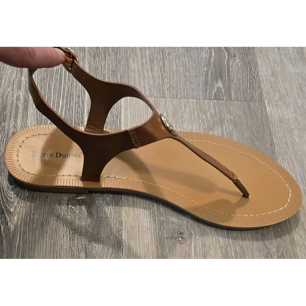 Pierre Dumas‎ Sandals Thong Brown Ankle Strap Gold Medallion Accents 9M